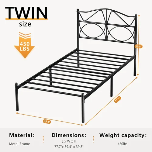 Vista 2 de VECELO Base de cama de plataforma de metal tamaño individual con cabecera y estribo, base de colchón de soporte de listones resistentes, no necesita
