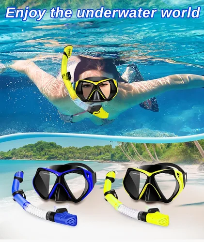 Vista 7 de Equipo de esnórquel para adultos, juego de esnórquel seco con lente de vidrio templado, falda de silicona suave para buceo, esnórquel, natación