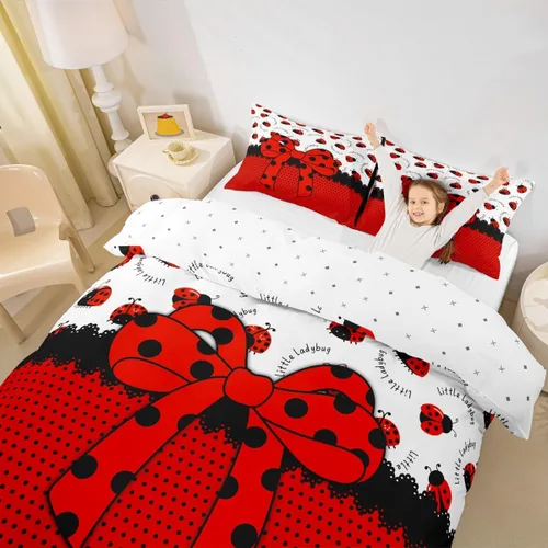 Vista 3 de Juego de funda de edredón con lazo de dibujos animados para niños, tamaño individual, juego de ropa de cama de mariquita, escarabajo, insecto