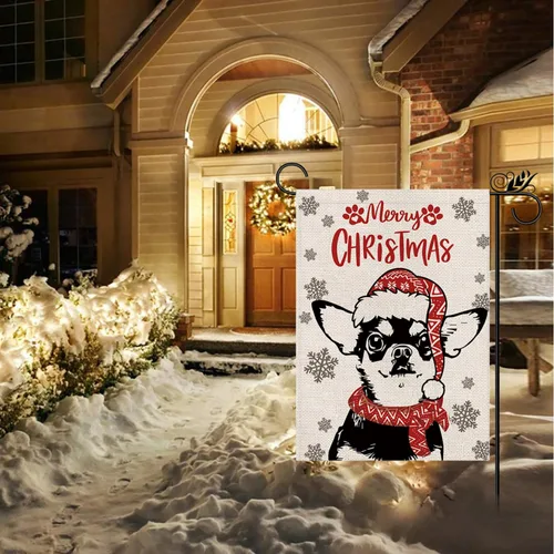 Vista 5 de Sombrero de bandera de jardín de Navidad, perro chihuahua con bufanda, decoración navideña de invierno, vacaciones, arpillera, vertical, doble cara
