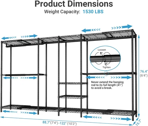 Vista 6 de VIPEK X4 - Perchero extensible de alta resistencia, ajustable de 7 pies 4 pulgadas a 10 pies 2 pulgadas, con estantes ajustables y barras
