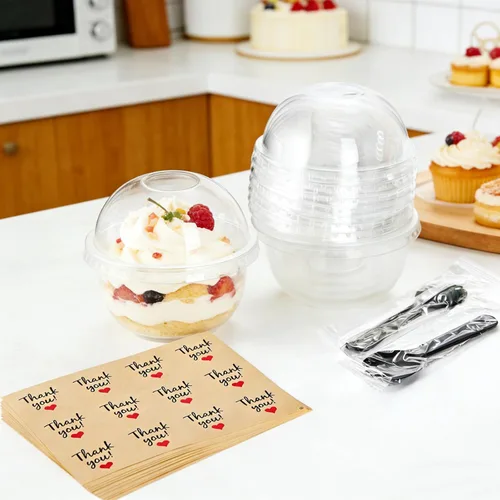 Vista 3 de Pumtus Paquete de 100 tazas de plástico de postre de 8 onzas con tapas de cúpula, tazas de yogur transparente sin agujeros, vasos desechables