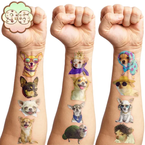 Vista 2 de Chihuahua - Tatuajes temporales para perro, suministros para fiesta de cumpleaños, recuerdos, tema, divertido, chihuahua, perro, cachorro, súper