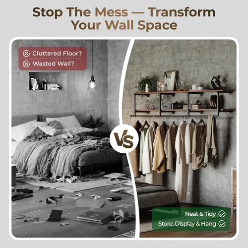 Vista 3 de Perchero para ropa de 72 pulgadas, para montar en la pared, con estante de madera real, perchero colgante resistente, barra para colgar multiusos