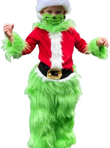 Vista 4 de Passec Disfraz de Navidad para niños y niñas, disfraz de monstruo peludo verde de Papá Noel, conjunto de ropa de Navidad