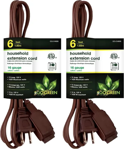 Vista 18 de Go Green Power Inc. Cable de extensión para el hogar de 16/2 de 6 pies con 3 tomas, color marrón, discreto, sin torceduras, cubiertas de seguridad