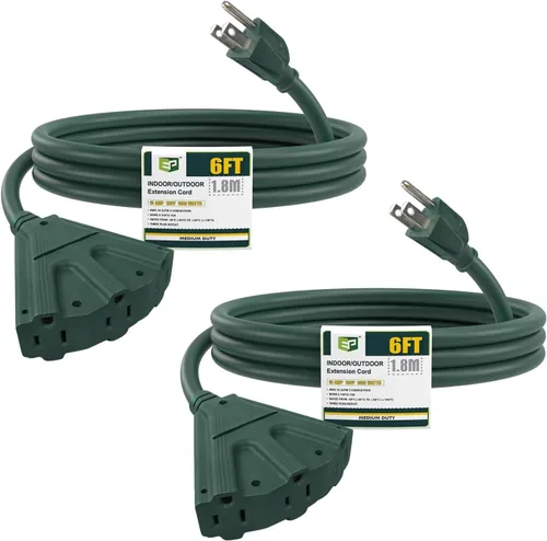 Vista 18 de EP Cable de extensión para exteriores de 6 pies, 16/3 SJTW, 3 tomas de corriente eléctrica, negro Enchufe a tierra de 3 puntas, para luces