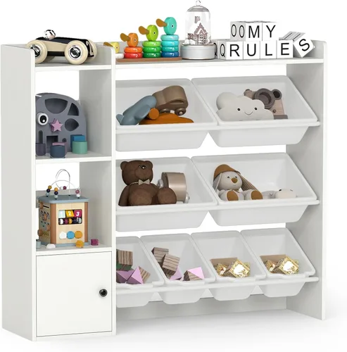 Vista 10 de HONEY JOY Organizador de almacenamiento de juguetes para niños, armario de madera de 44 pulgadas de largo con 8 contenedores extraíbles, estantes