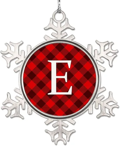 Vista 12 de Adorno de copo de nieve de letra A con inicial de copo de nieve, adorno de monograma a cuadros rojos para decoración de árbol de Navidad, adornos