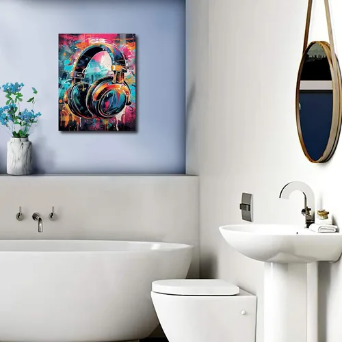 Vista 5 de KDKJTOP Cuadro colorido de auriculares, arte de pared en lienzo con graffiti para auriculares, 12 x 16 pulgadas/11.8 x 15.7 in, arte de pared