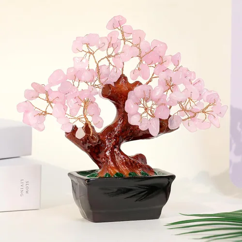 Vista 4 de Parma77 Feng Shui - Árbol de dinero de cristal de cuarzo rosa natural, árboles de cristal curativo, decoración estilo bonsái para riqueza y suerte