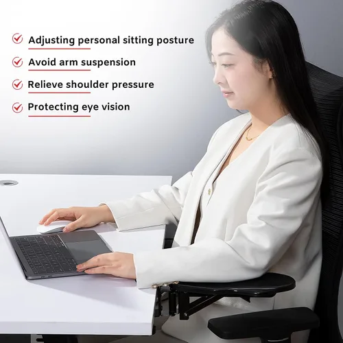 Vista 3 de Reposabrazos de computadora para escritorio, bandeja extensora de escritorio giratoria ajustable de 180°, soporte de brazo de codo plegable de 90°