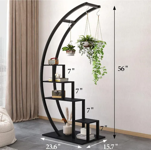 Vista 3 de GAOMON Soporte para plantas de interior de 5 niveles de alto, estante de metal para plantas de media luna, paquete de 2, elegante estante de flores