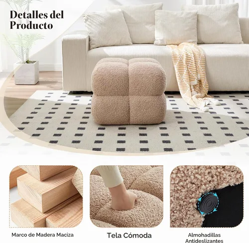 Vista 3 de Taburete otomano cuadrado, mesa de centro otomana Boucle con cobertura completa, taburete de tocador moderno, puf tapizado con reposapiés para Beige