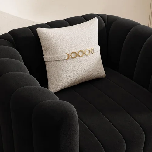 Vista 6 de Moderno sofá de terciopelo negro para sala de estar, sofá individual de 42 pulgadas con patas de esfera de metal dorado (negro 1S)
