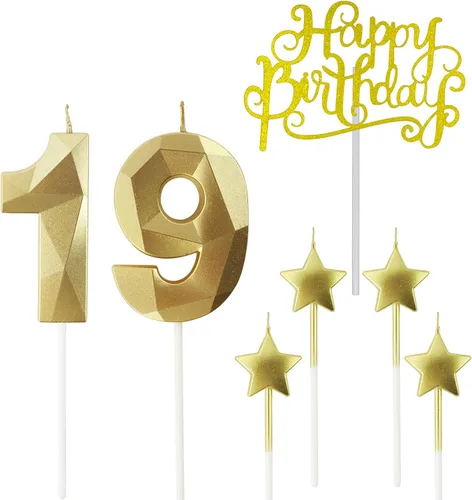Vista 38 de Velas de cumpleaños doradas con número 20 y velas de estrella de cumpleaños de 7 cm Velas para pastel de cumpleaños en forma de diamante 3D son