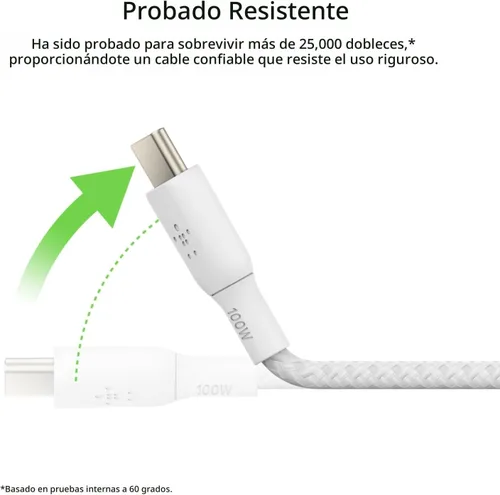 Vista 3 de Belkin Cable USB C a USB C, 6.6 pies, 100 W, cargador tipo C, cable de carga para iPhone, suave, trenzado, flexible para iPhone 17, Galaxy S25
