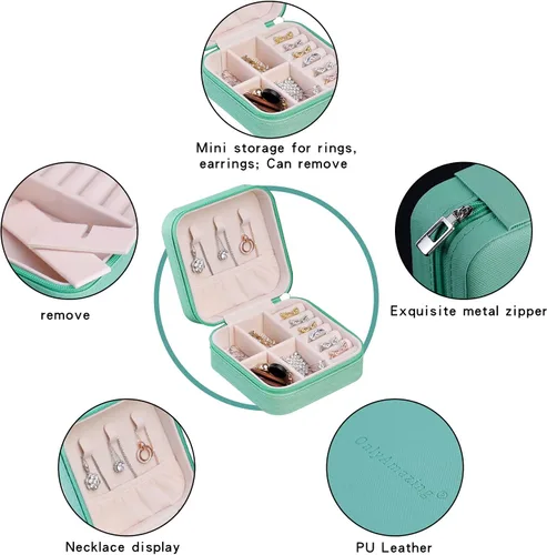Vista 2 de Mini organizador de viaje verde portátil para anillos aretes collar regalos del día de San Valentín para niñas y mujeres