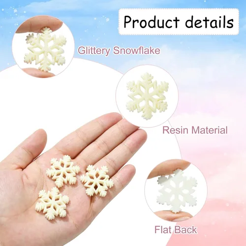 Vista 2 de LiQunSweet 200 piezas de cabujones de resina con temática navideña, copos de nieve blancos, abalorios para manualidades, collares, pulseras