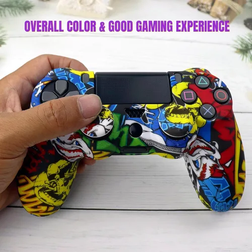 Vista 3 de Skin para controlador PS4, funda de silicona antideslizante con 2 tapas de agarre para el pulgar para PS4SlimPro Dualshock 4 Controller Wireless