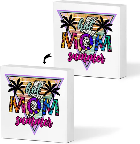 Vista 8 de Letrero de madera de verano con texto en inglés "Hot Mom", diseño rústico de leopardo de verano, decoración de escritorio para casa costera, playa