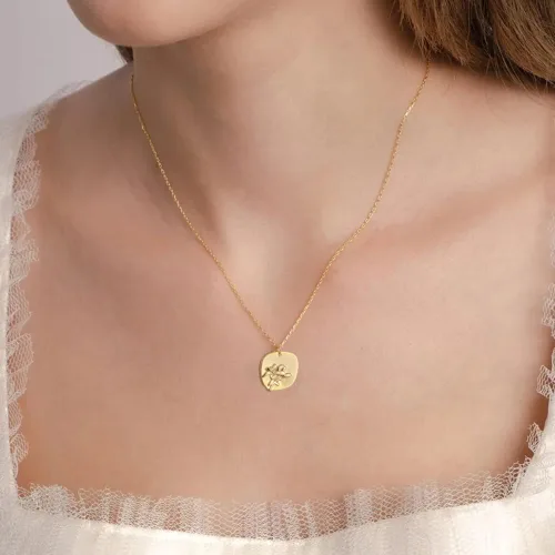 Vista 2 de Collar con dije de moneda ovalada con flor de 12 meses de nacimiento, collar de oro real de 14 quilates, delicada, regalo personalizado