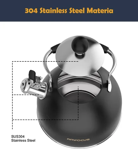 Vista 3 de Hervidor de té, hervidor de té silbante de acero inoxidable de 2 cuartos, tetera silbante para estufa con mango plegable ergonómico, tetera pequeña