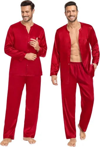Vista 6 de SWOMOG Conjunto de pijamas de seda a juego para parejas, de satén, con botones, camisa de manga larga y pantalones, ropa de dormir para la familia