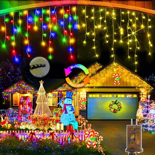 Vista 16 de Luces de Navidad para exteriores, 49 pies, 480 luces LED para exteriores, 90 tiras de luces de carámbano con 8 modos, temporizador impermeable