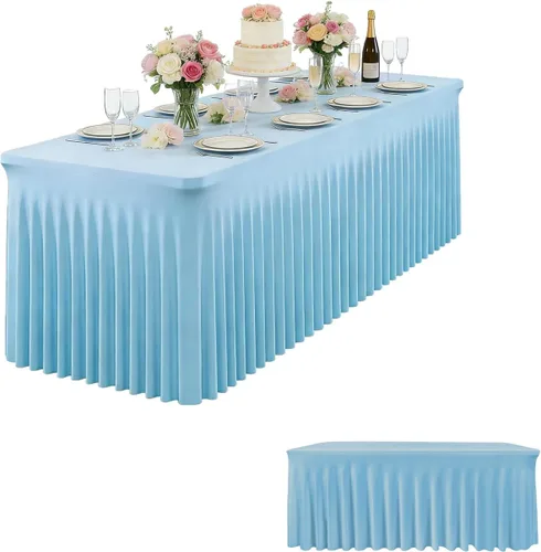 Vista 12 de Paquete de 2 Faldones de Mesa Rectangulares Negros, 48L x 24A x 30Al Pulgadas, Manteles Ajustados de Spandex Elástico, Resistentes a las Arrugas