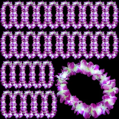 Vista 12 de Sherr 24 piezas de collares de flores hawaianas con luces LED para boda, luces LED para luau, collares de flores hawaianas para playa, carnaval