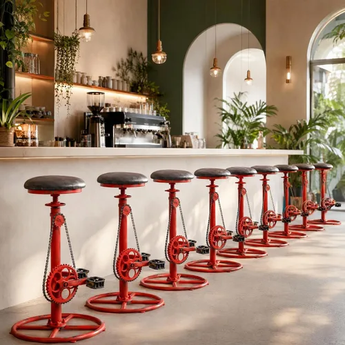 Vista 8 de Bicycle-Style 29"-37" Adjustable Swivel Bar Stools Set of 2, Distressed Red Black Seat / Distressed Red Frame