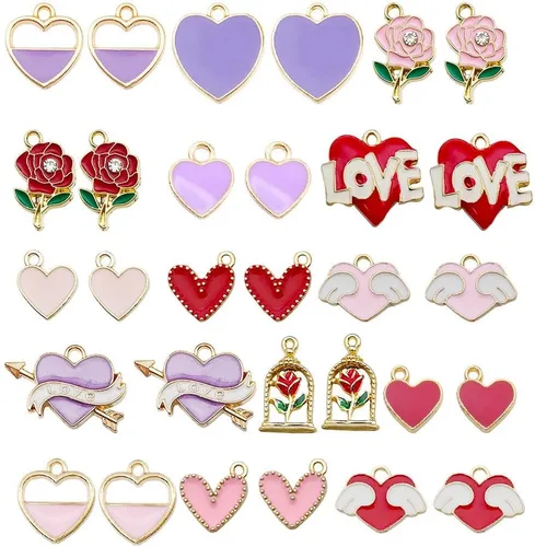 Vista 19 de WOCRAFT 24 dijes de pulsera de corazón de amor para hacer joyas, San Valentín, boda, rosa, flor, para bricolaje, collares, llaveros y suministros