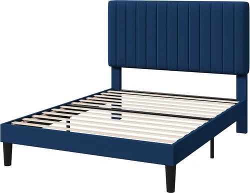 Vista 9 de HOOMIC Twin Bed Frame, Velvet Upholstered Platform Bed with Adjustable Vertical Channel Tufted Headboard, Mattress Foundation with Strong Wooden