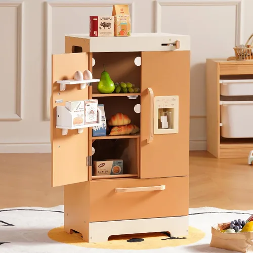 Vista 6 de ROBOTIME Refrigerador de madera para niños, refrigerador de cocina de juguete para niños pequeños, refrigerador de juguete con máquina de hielo