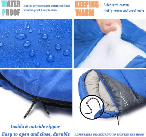 Vista 2 de tuphen - Sacos de dormir para adultos, niños, niñas, mochileros, senderismo, camping, forro de microfibra, clima frío y cálido, 4 estaciones, uso