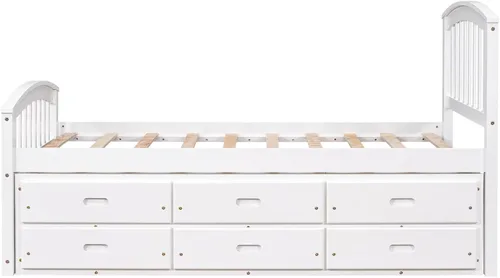 Vista 8 de Merax Cama de almacenamiento de plataforma de madera maciza de tamaño individual con 6 cajones, no necesita somier, color blanco