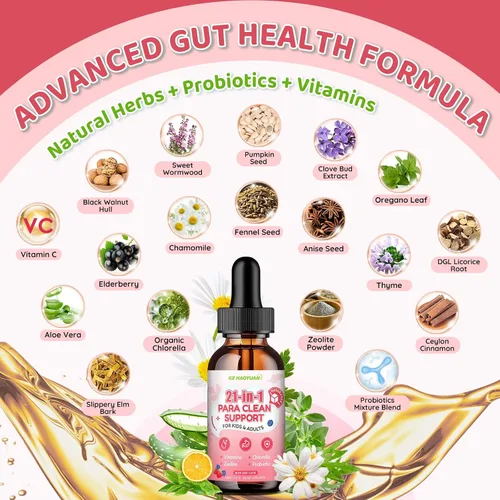 Vista 3 de Gotas de limpieza intestinal 21 en 1 - Ajenjo, nogal negro, zeolita, clorella, probióticos 10B y clavo de olor, apoya la desintoxicación líquida