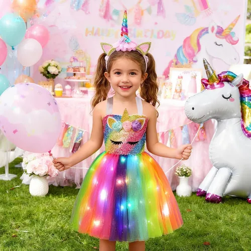 Vista 3 de Disfraz de unicornio para niñas con luz LED, tutú de princesa para disfraz de Halloween, regalo de cumpleaños y Navidad Arco iris profundo+ala