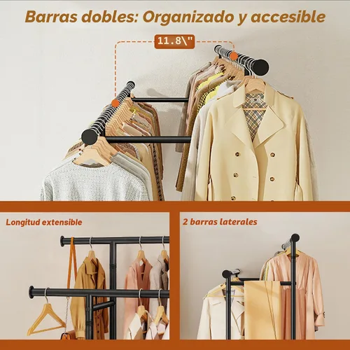 Vista 4 de Perchero de ropa para colgar ropa, perchero portátil con ruedas, perchero de ropa de doble barra con cesta de almacenamiento, perchero