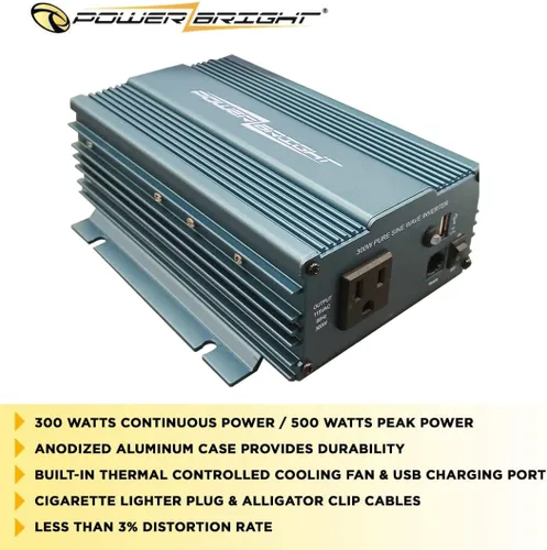 Vista 3 de PowerBright Inversor de corriente de onda sinusoidal pura de 300 W, inversor de automóvil CC de 24 V a 120 V CA con salida de CA de 120 voltios