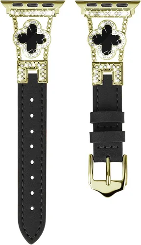 Vista 4 de Correa de cuero compatible con Apple Watch para mujeres de 38 mm, 40 mm, 41 mm, 42 mm, Series 10, 9, 8, SE, 7, 6, 5, 4, 3, 2, 1 1 oro/negro