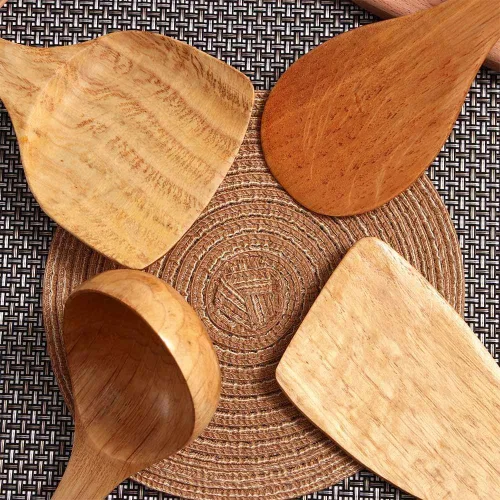 Vista 4 de Espátula de madera para cocinar, espátula de cocina de mango largo, pala de arroz, espátula antiadherente, cucharas de madera, raspador, cuchara