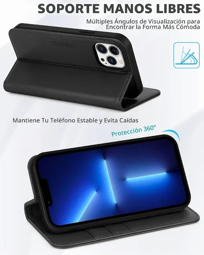 Vista 5 de SHIELDON Funda para iPhone 13 Pro Max 5G, Funda de Cartera de Cuero Genuino Magnética Folio a Prueba de Golpes con Soporte Kickstand Portador