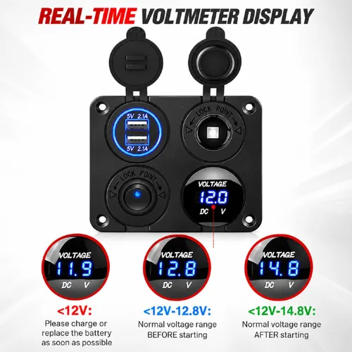 Vista 4 de Nilight Panel de enchufe de cargador de encendido y apagado 4 en 1, cargador USB dual, toma de corriente, voltímetro LED, encendedor de cigarrillos