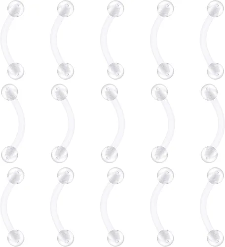 Vista 10 de FECTAS Aretes de plástico flexible transparente de 16G y 14G, anillos para cejas, barras curvadas, retenedores para piercing de vientre, 15