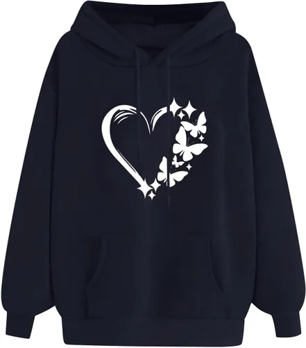 Vista 4 de SHENGXINY Sudadera con capucha para mujer, casual, con estampado de corazón, manga larga, holgada, ligera, atlética