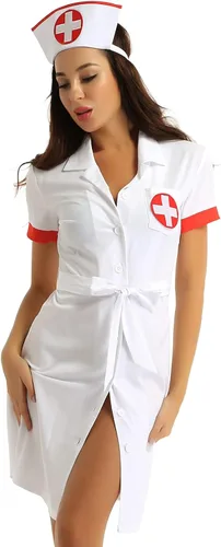 Vista 2 de Oyolan Disfraz sexy de enfermera traviesa para mujer, disfraz de cosplay de uniforme acampanado, con sombrero