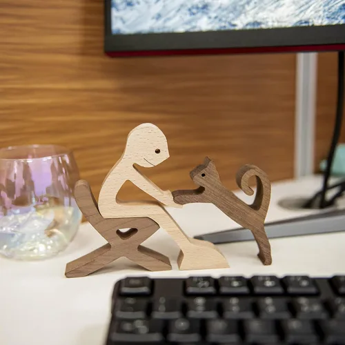 Vista 7 de ISHINE Escultura de madera para hombres y gatos, figuras de animales hechas a mano, decoración de madera, figura coleccionable para oficina en casa