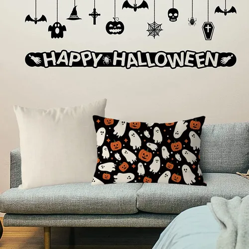 Vista 4 de GAGEC Fundas de almohada de Halloween de 12 x 20 pulgadas, funda de almohada de lino con calabazas fantasmas, fundas de almohada de lino